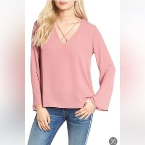 Lush V-Neck Flowy Long Sleeve Blouse Cabernet Red Size XS NWOT